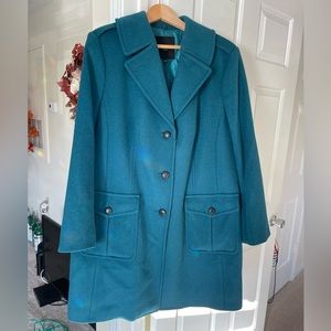 Talbots Women’s Teal Wool Lined Dress Coat W/Removable Black Fur Collar …
